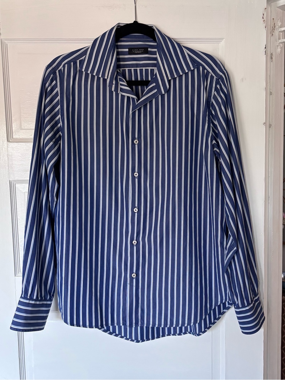 Zara Men's Blue and White Vertical Stripe Dress Shirt